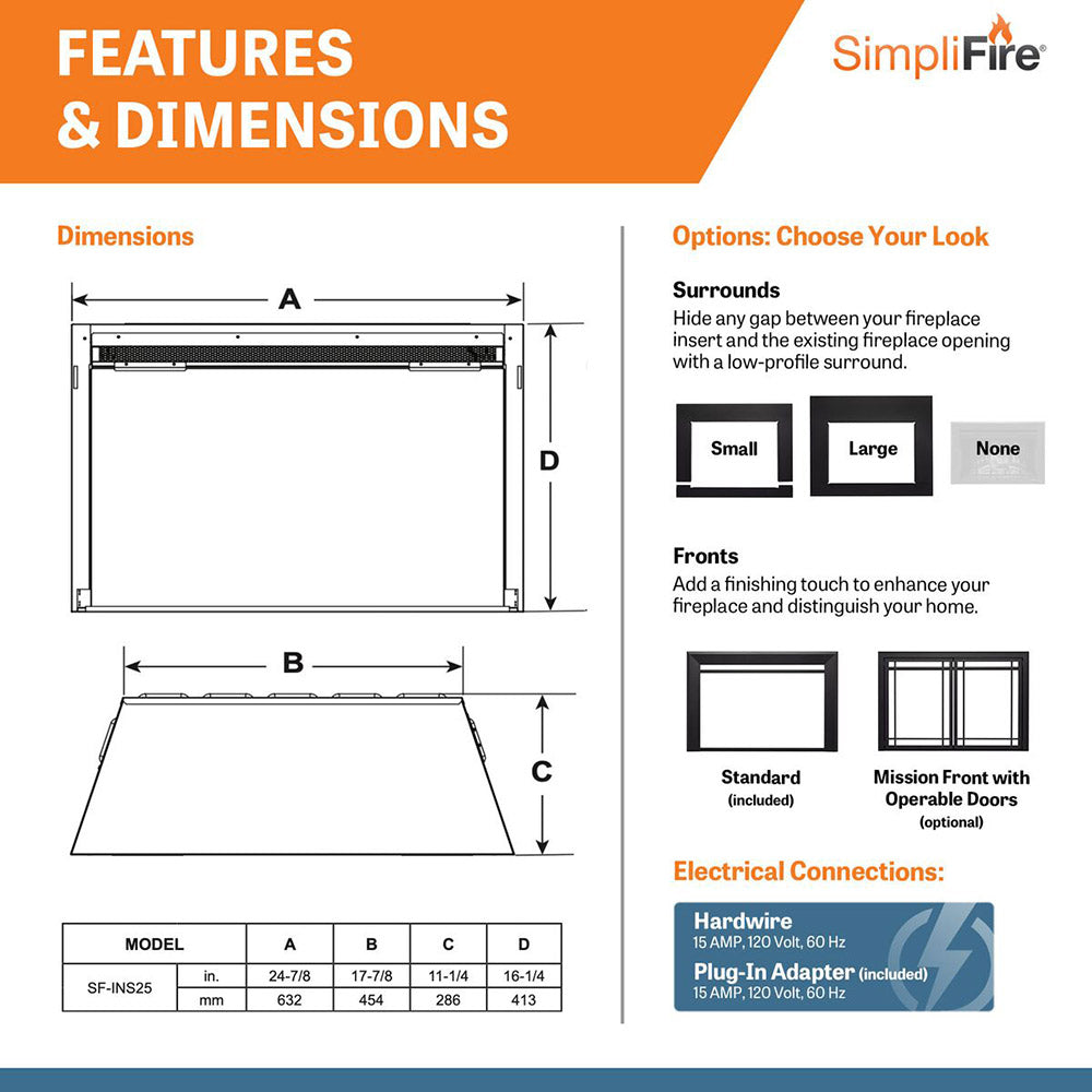 SimpliFire SF-INS25-IN 25-Inch Electric Fireplace Insert