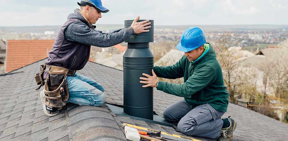 two men working on a chimney on a rooftop