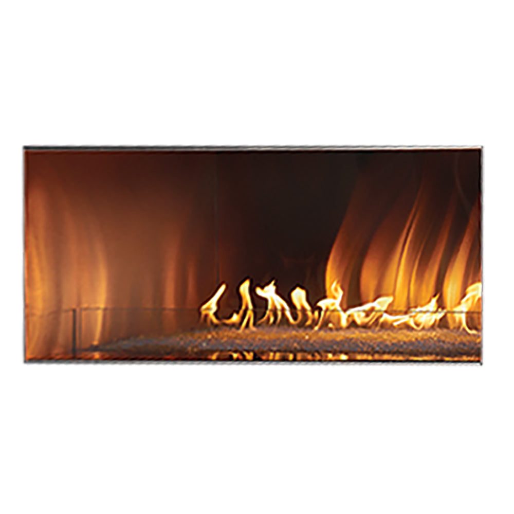 Outdoor linear gas fireplace with burning flames in a rectangular dark firebox