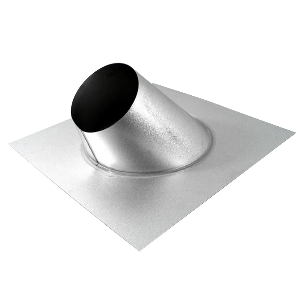 Metal roof flashing with black vent collar, curved boot for roof penetration