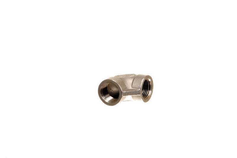 Stainless steel 90-degree elbow fitting with 1/2-inch threaded ports
