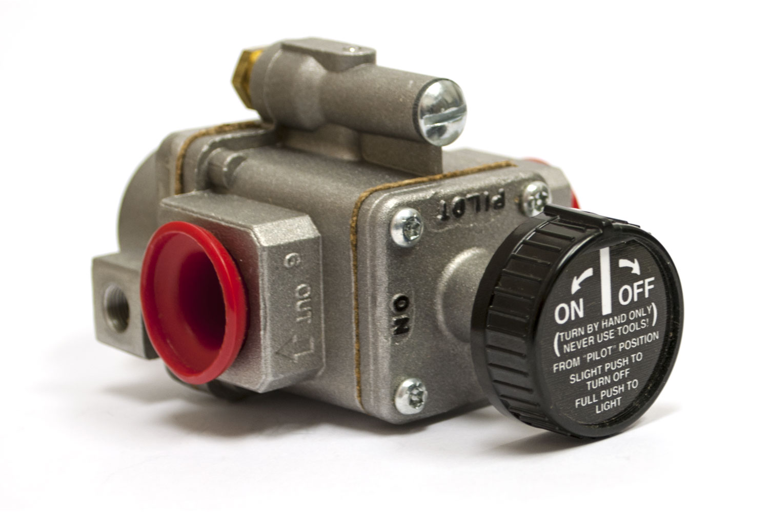 Fire safety pilot replacement valve with red inlet and black ON/OFF dial