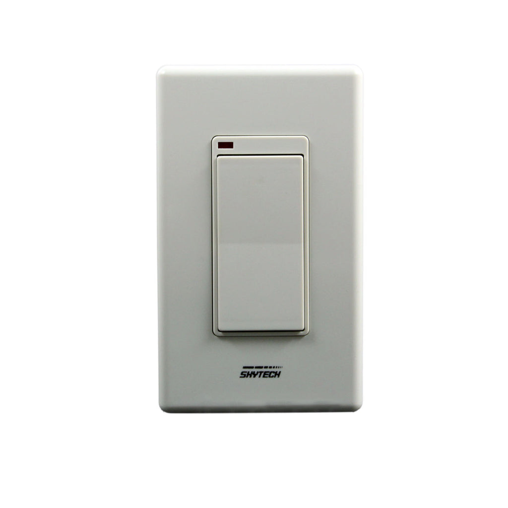 Wireless wall transmitter with rocker switch and red status indicator, light gray faceplate