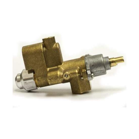 Brass and silver safety pilot valve with inlet and outlet fittings