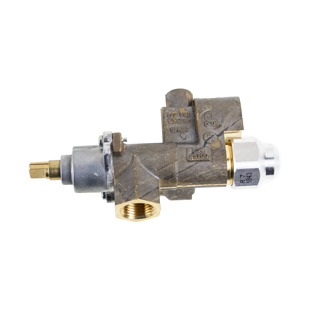 Metal low-profile safety pilot valve replacement with brass fittings and white outlet tube