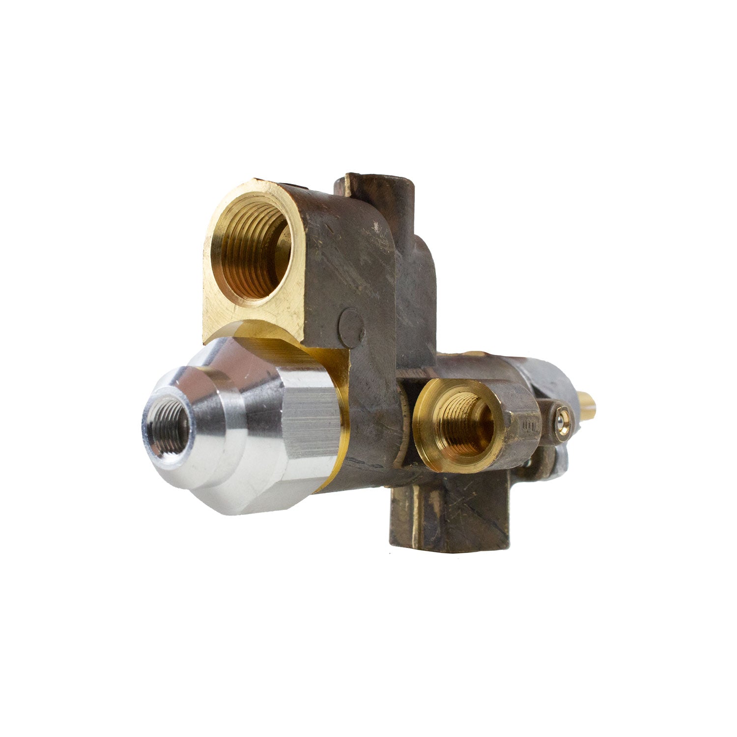 Metal safety pilot valve with brass ports and silver body, angled view