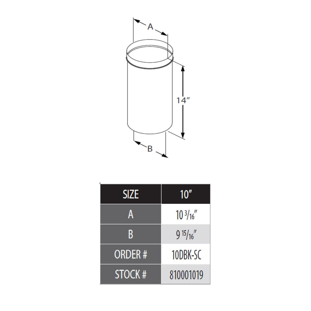 DuraVent DuraBlack slip connector, 10 in diameter, 14 in long black pipe adapter