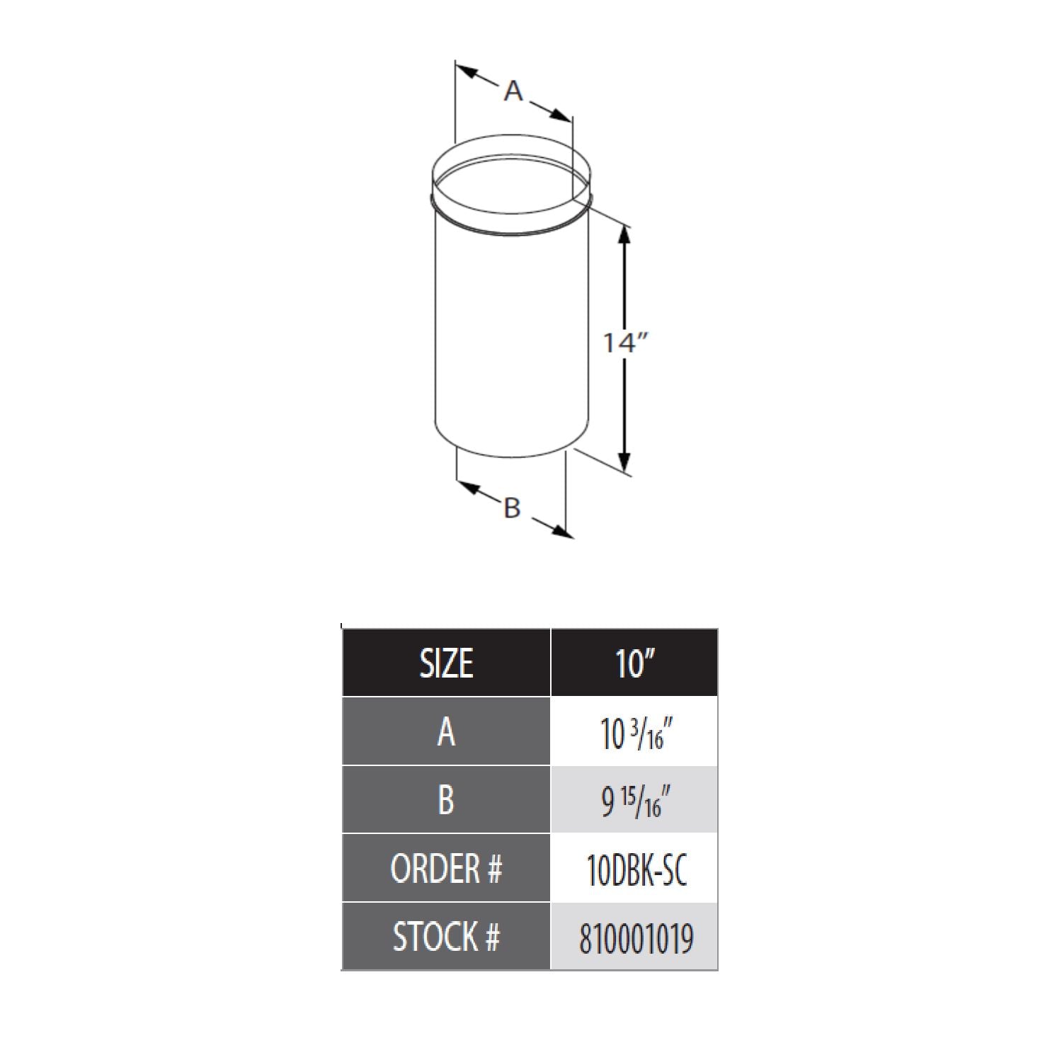 Slip connector diagram: 10 in dia, 14 in height, A/B measurements