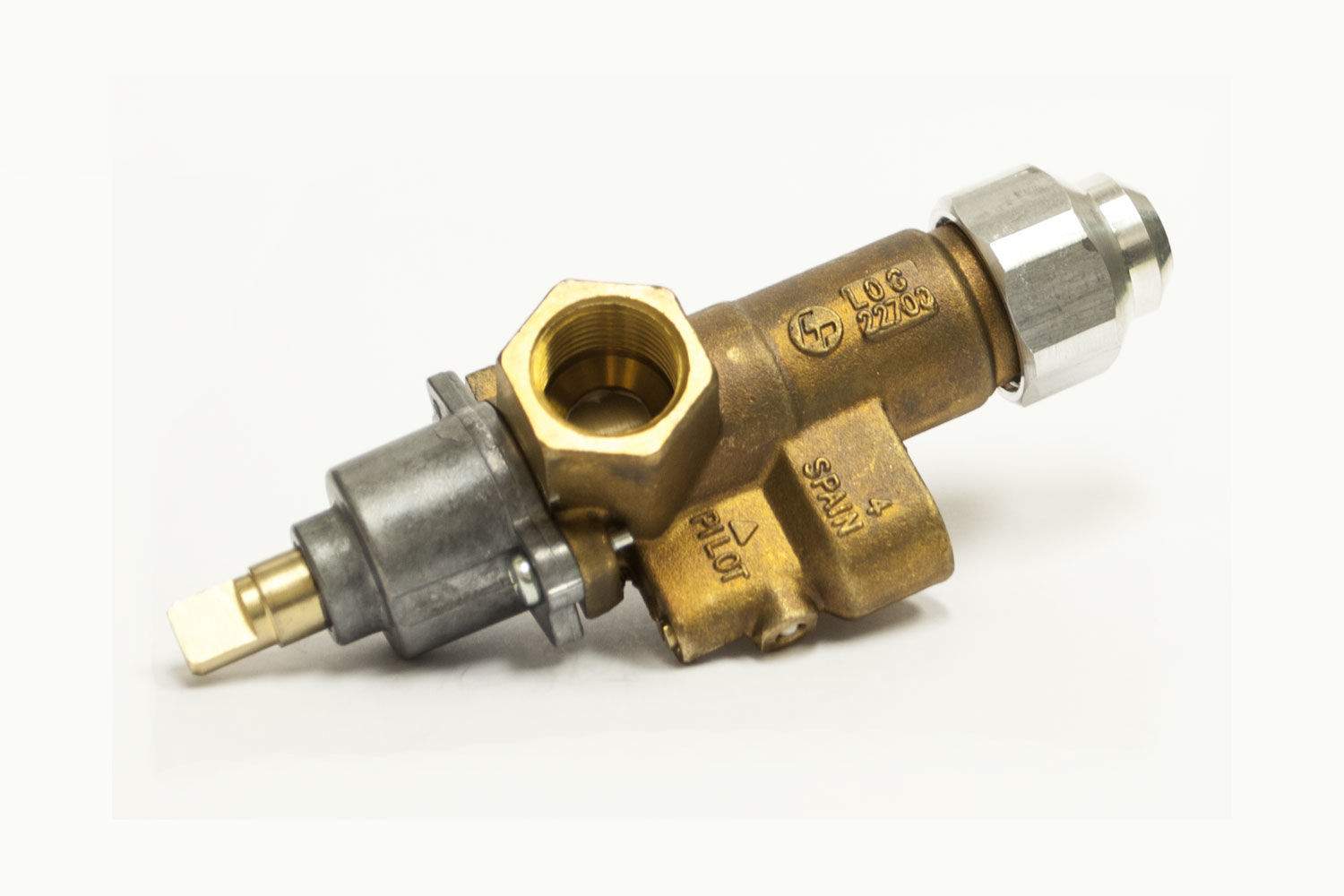 Safety pilot valve with brass body and metal fittings, side inlet connection
