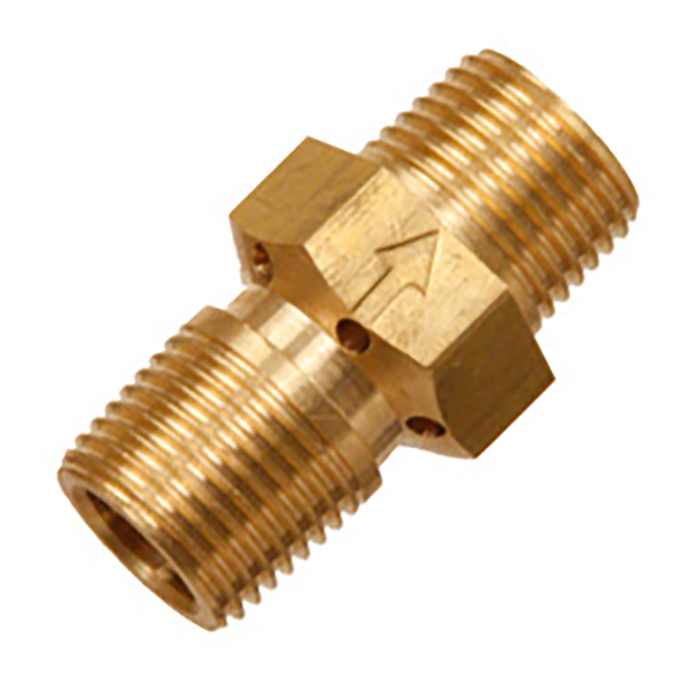 Brass air mixer conversion fitting with dual threaded ends and hex orifice block