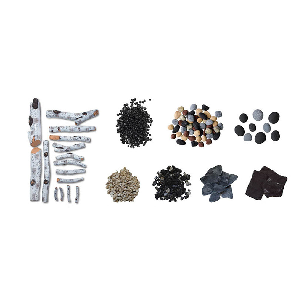 15-piece birch log set with fire media pieces: faux logs, embers, pebbles, rocks