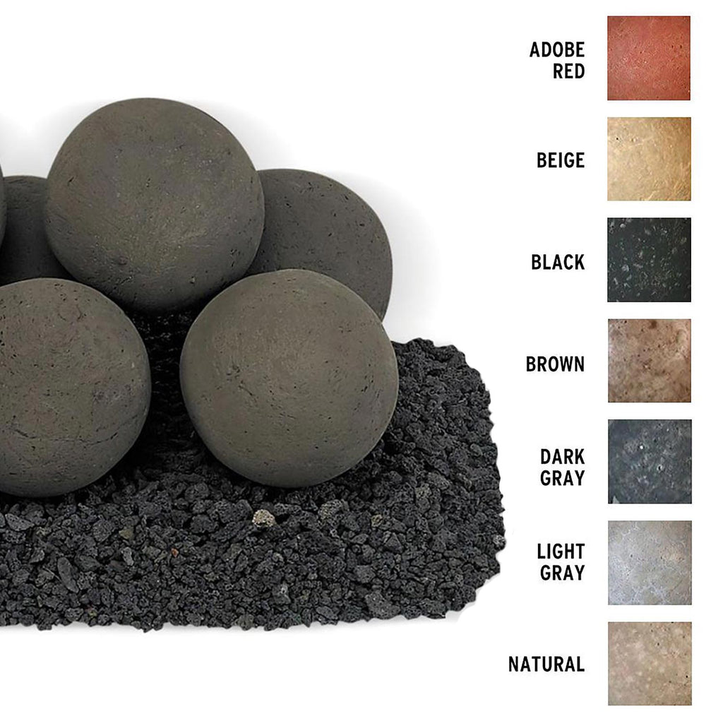 Smooth dark gray round fire balls with scattered black pellets; multiple color options shown