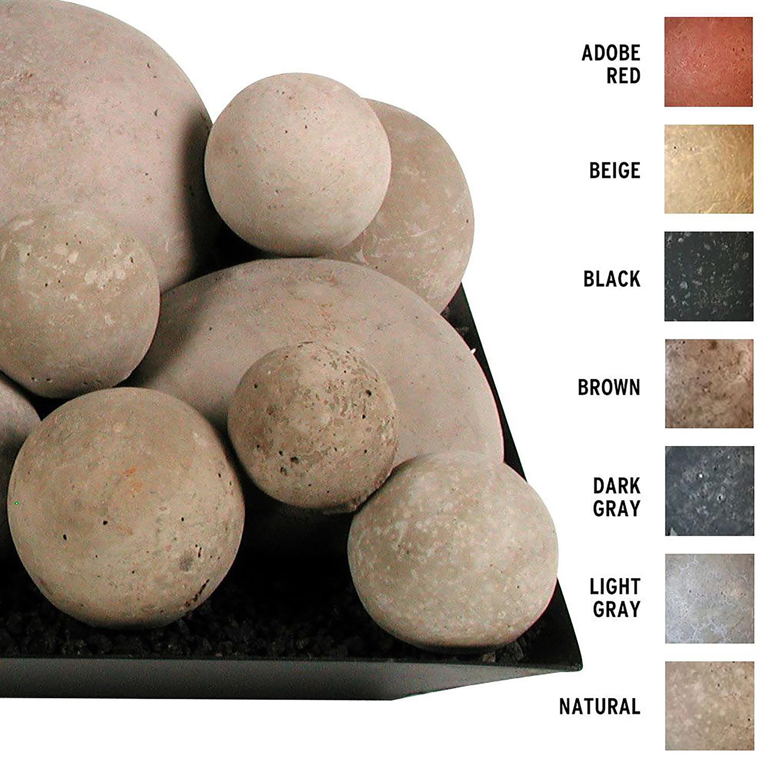 Mixed smooth fireballs set with round concrete-style balls in dark gray, beige, and natural.