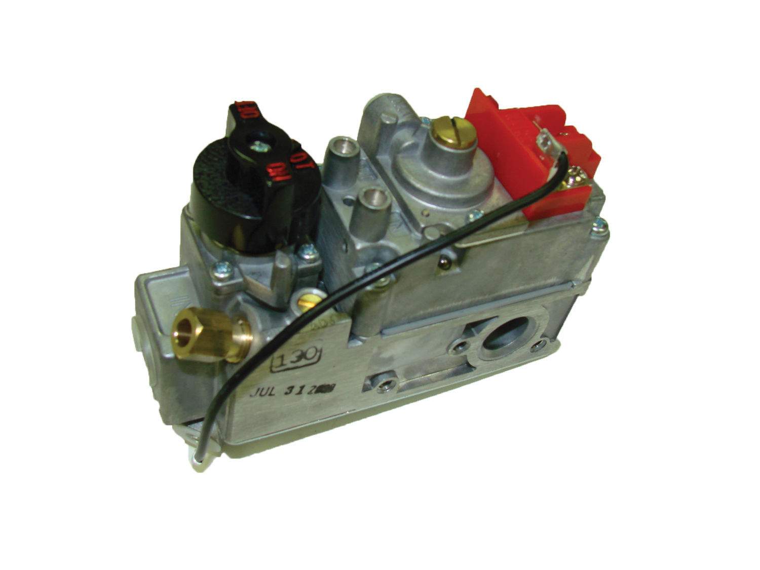 Replacement millivolt gas valve assembly with metal body, red and black wiring connectors