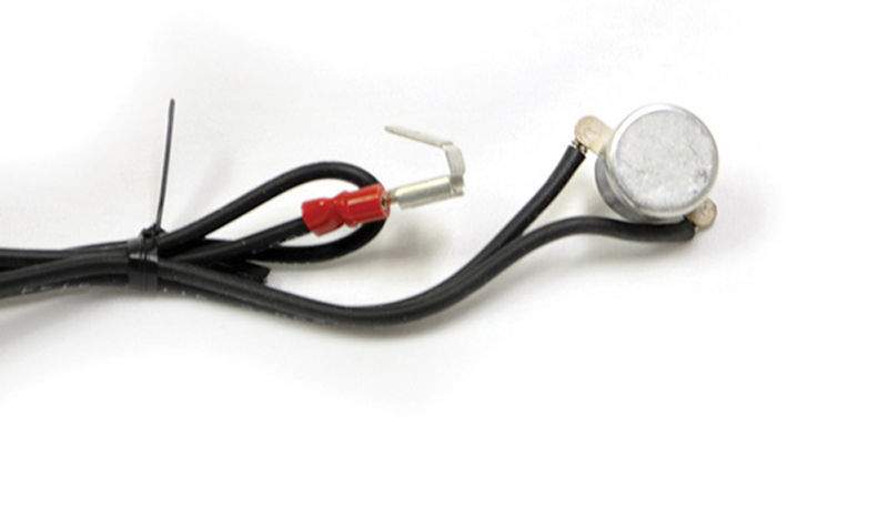 High limit fire switch with round sensor head and attached black wire leads