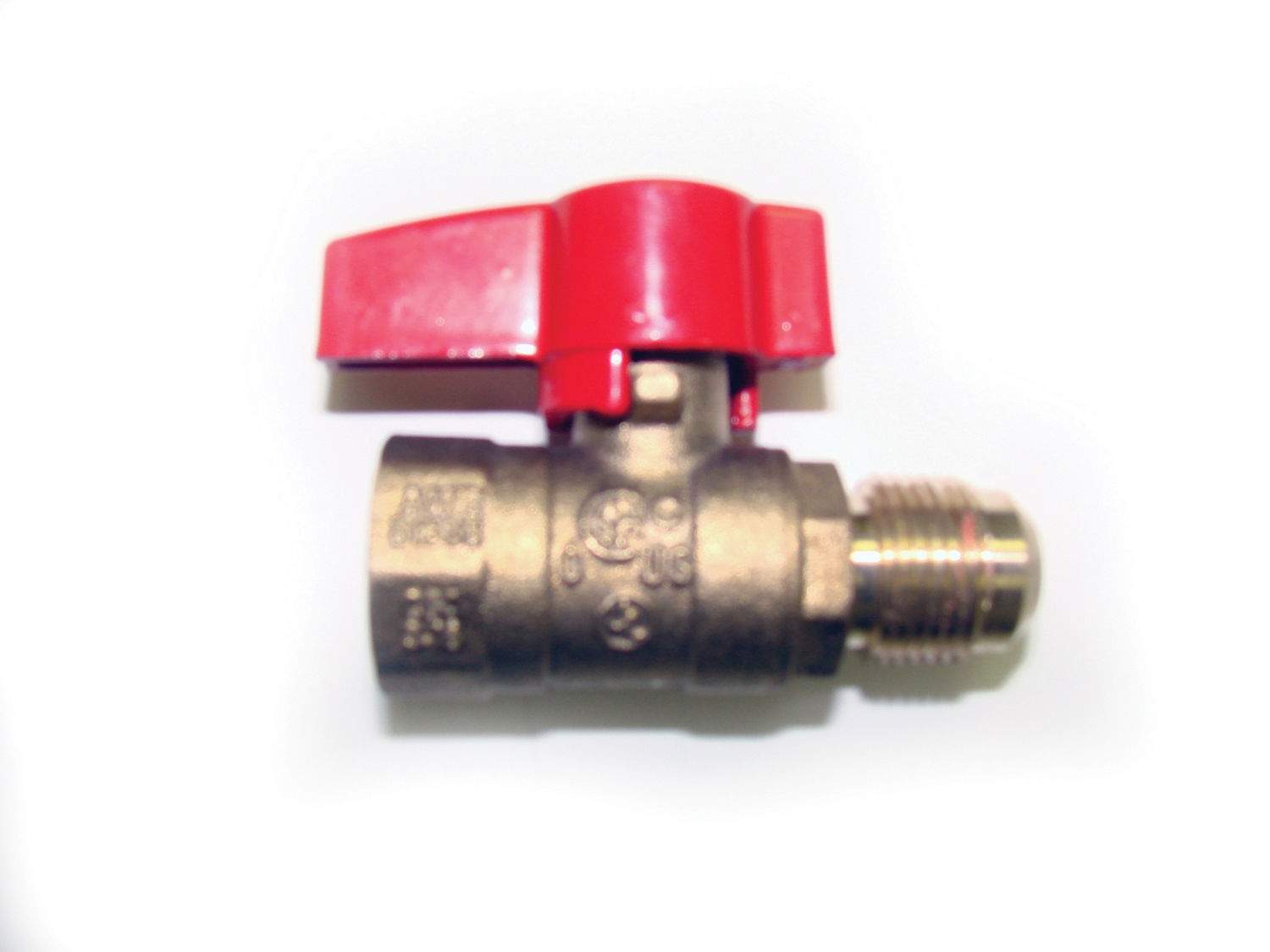 Manual ball valve with red lever handle and black body, flare and threaded outlet