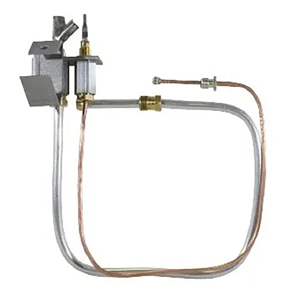Natural gas pilot assembly with metal bracket, brass fittings, and flexible tubing