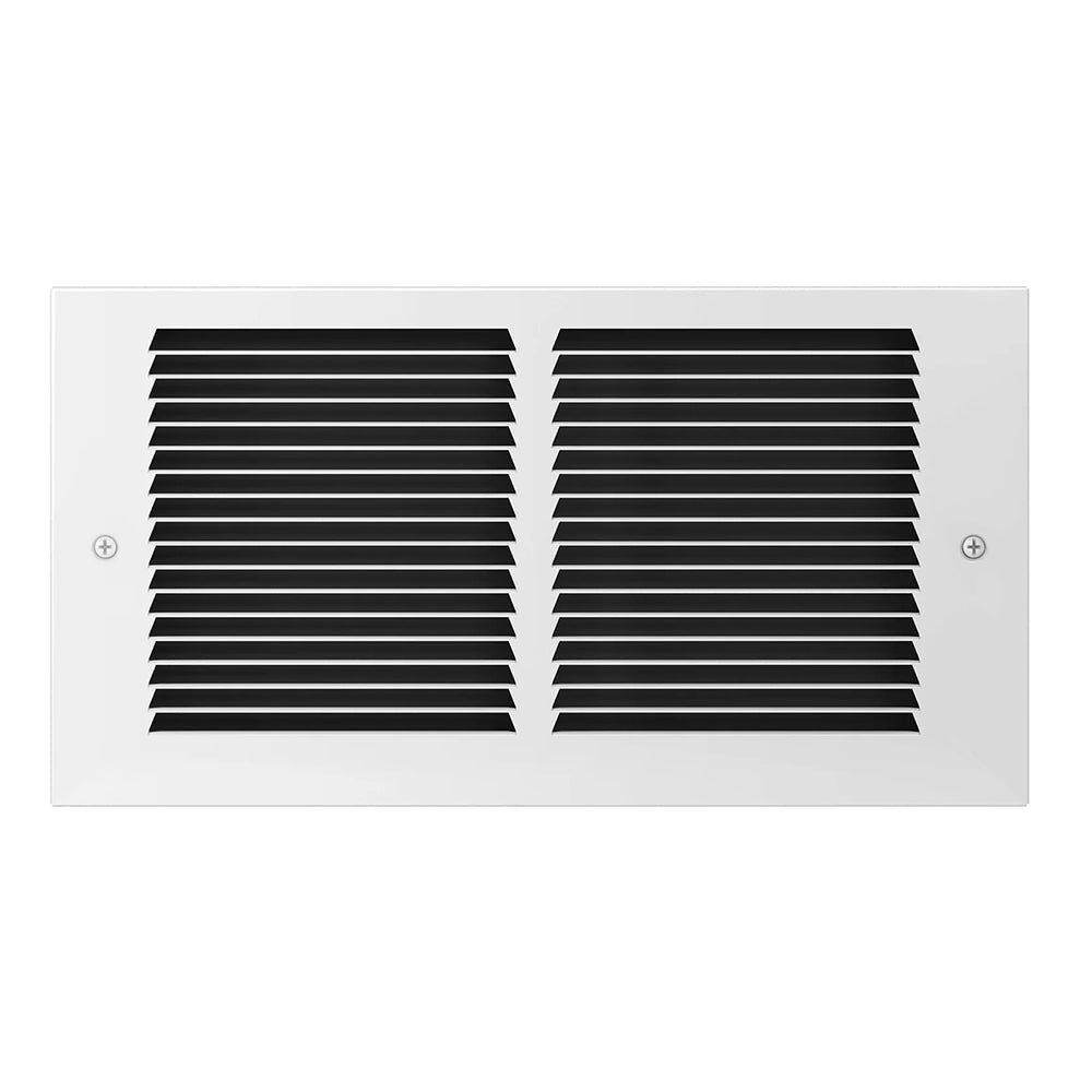 Air intake grille with black horizontal slats on a white rectangular cover