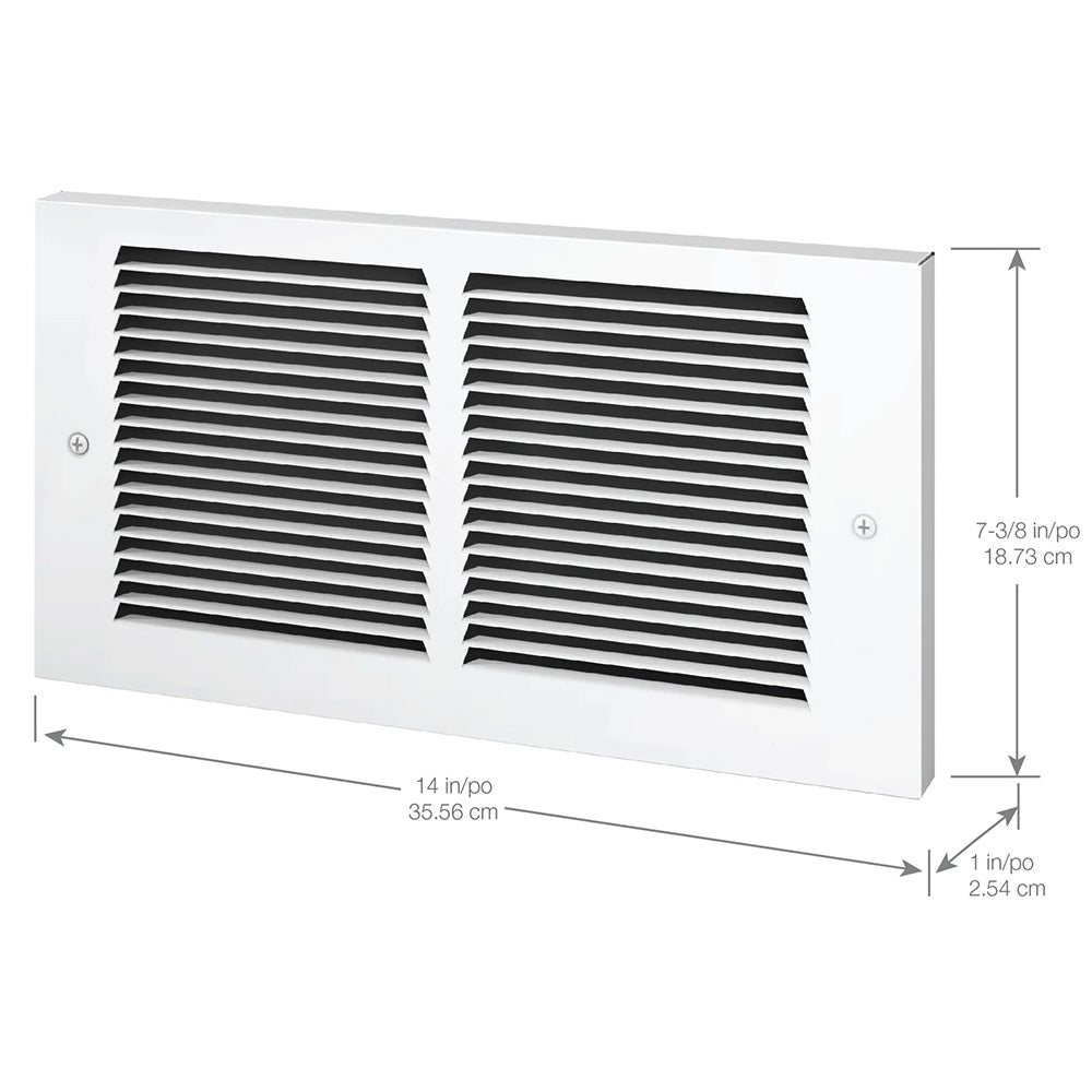 Rectangular air intake grille with white frame and black slat pattern, size shown