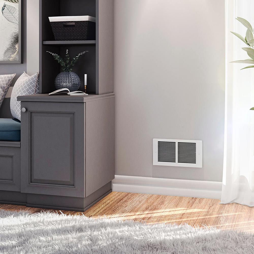 Air intake grille wall vent with black slats and a white rectangular face