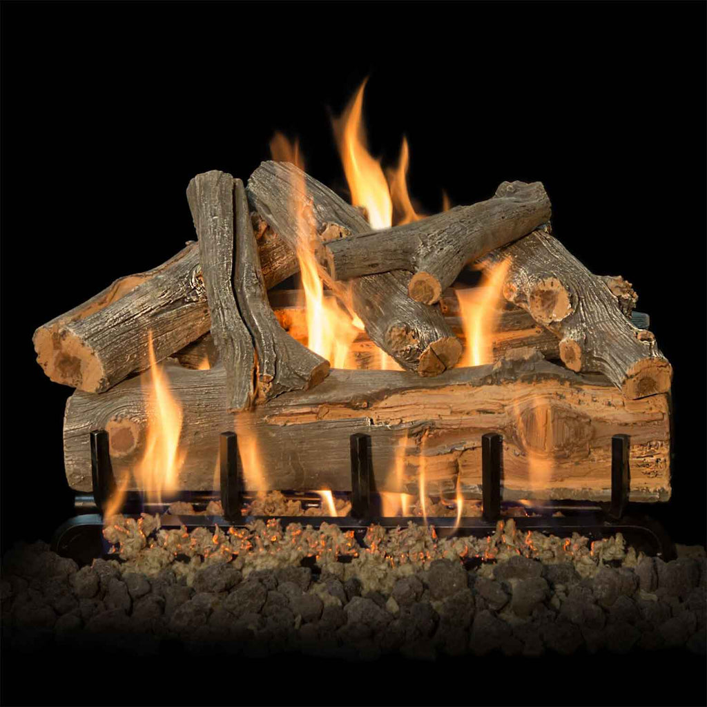Vented gas log set with realistic wood logs and active flames