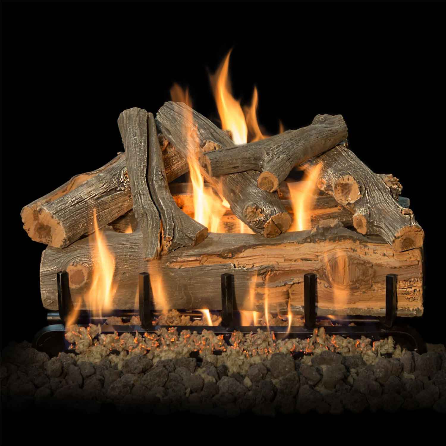 Vented gas log set with realistic wood logs and active flames