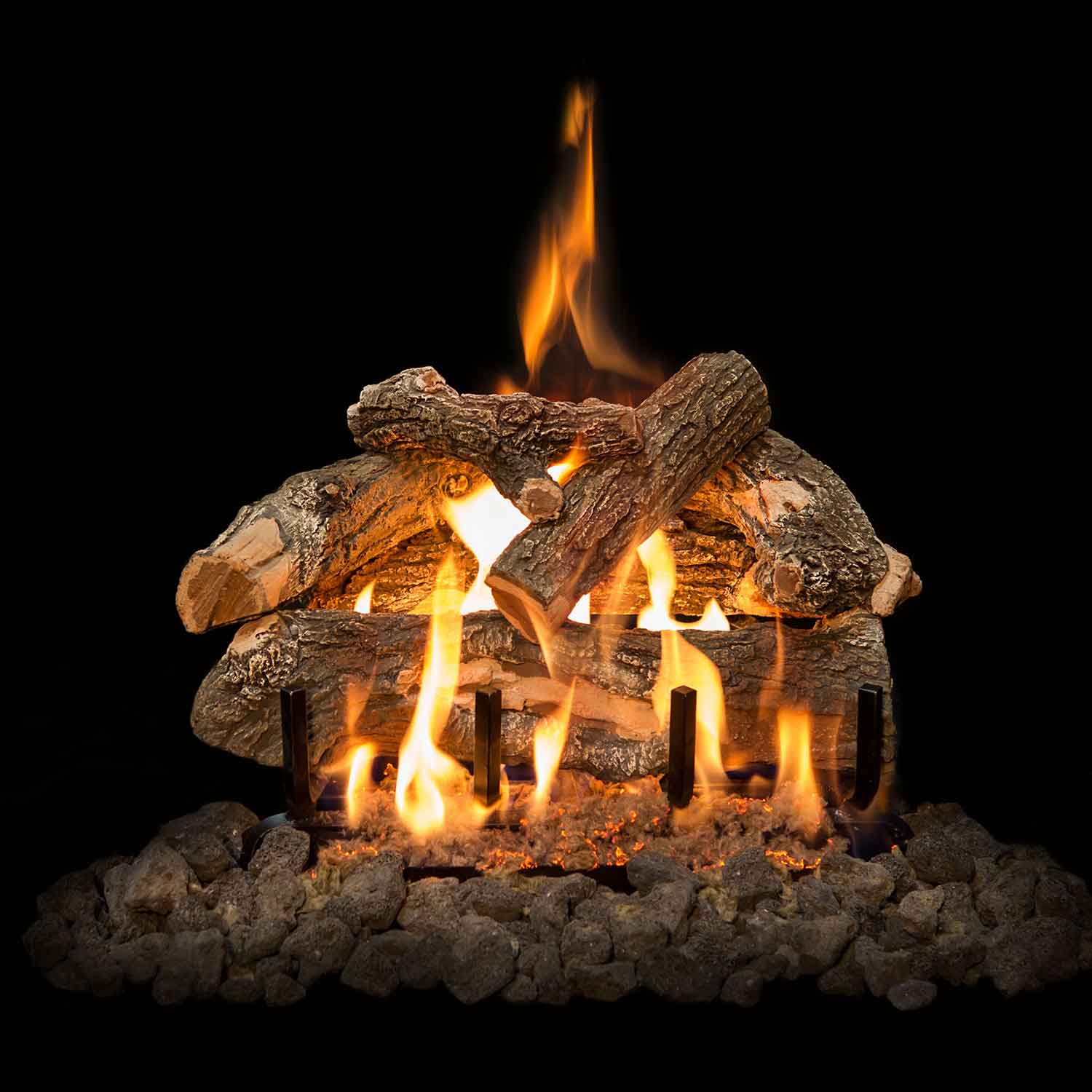 Weathered oak double-sided vented gas log set with stainless burner, active flames