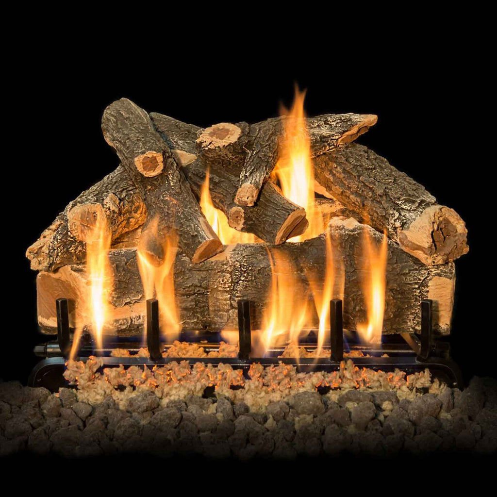 Vented gas log burner with stacked faux logs and active flames