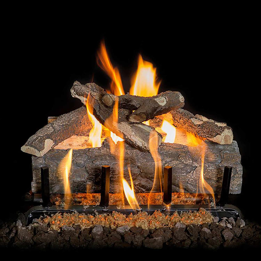 Vented gas log set with dark gray split logs, glowing embers, and tall orange flames