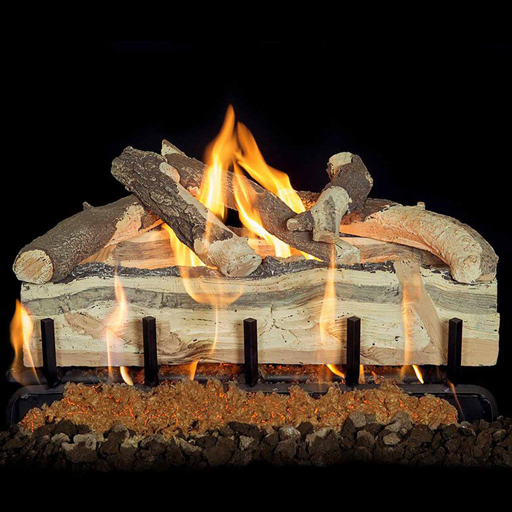 Vented gas log set with gray logs, burning flames, and ember bed in a front view