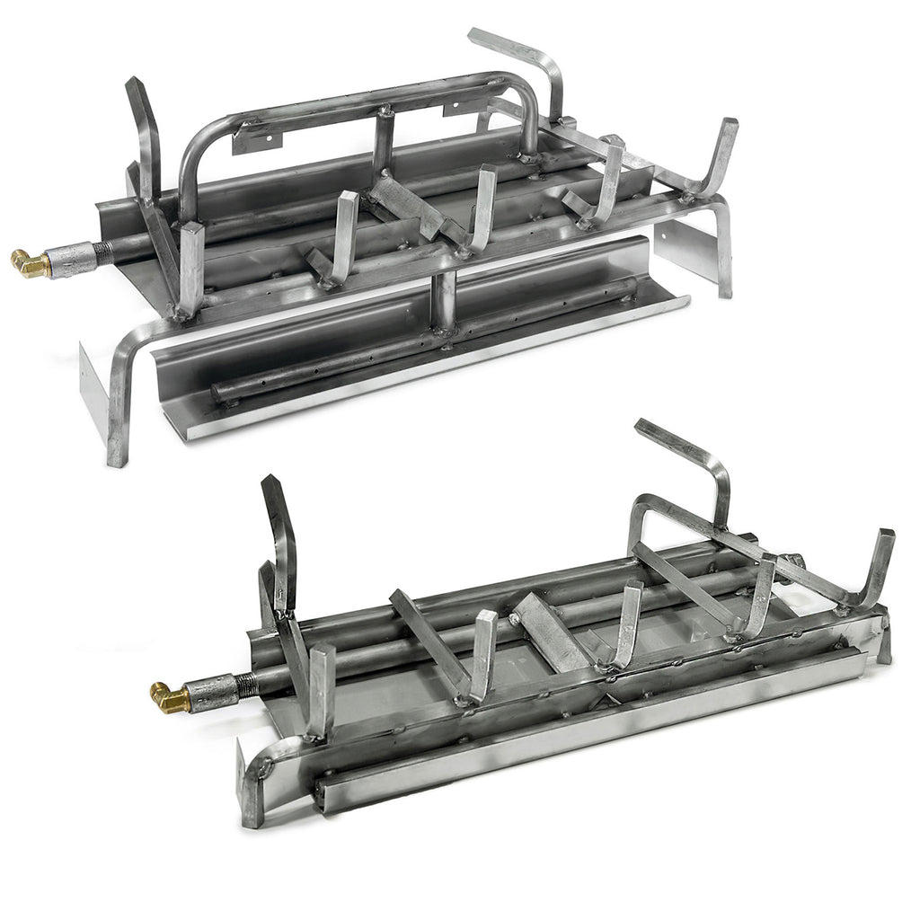 Stainless steel gas burner with log support grate and manual gas connector
