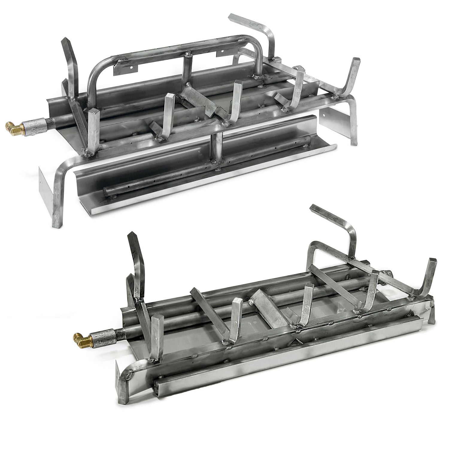 Stainless steel gas log burner assembly with split-rail grate and gas connector