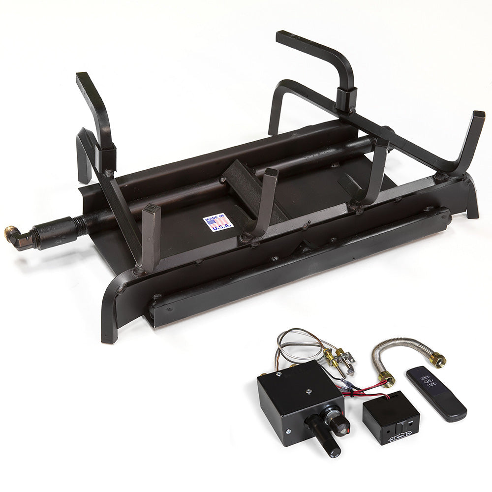 Two-burner fireplace burner system with control boxes and remote, black