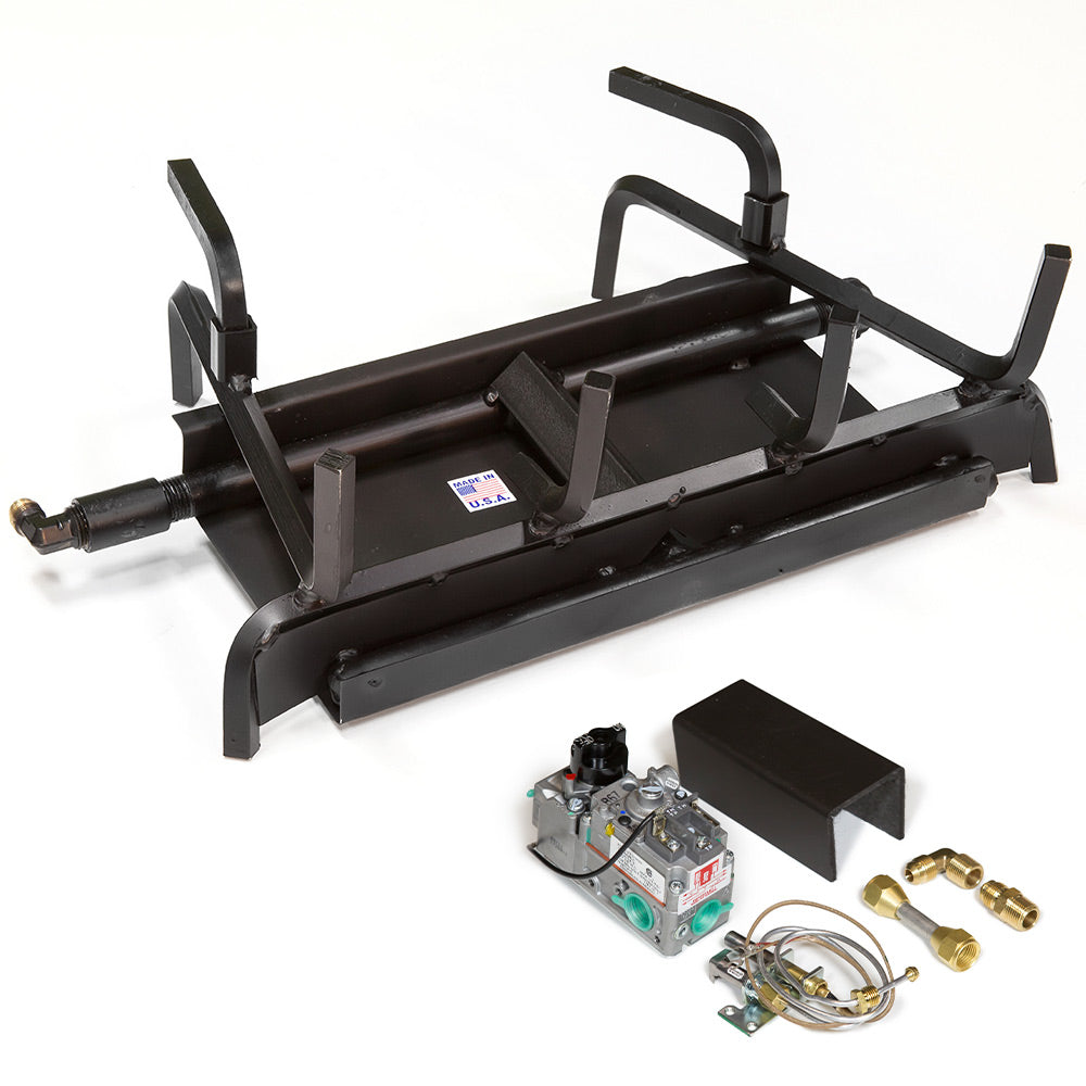 Black two-burner gas fireplace burner system with control box and brass fittings