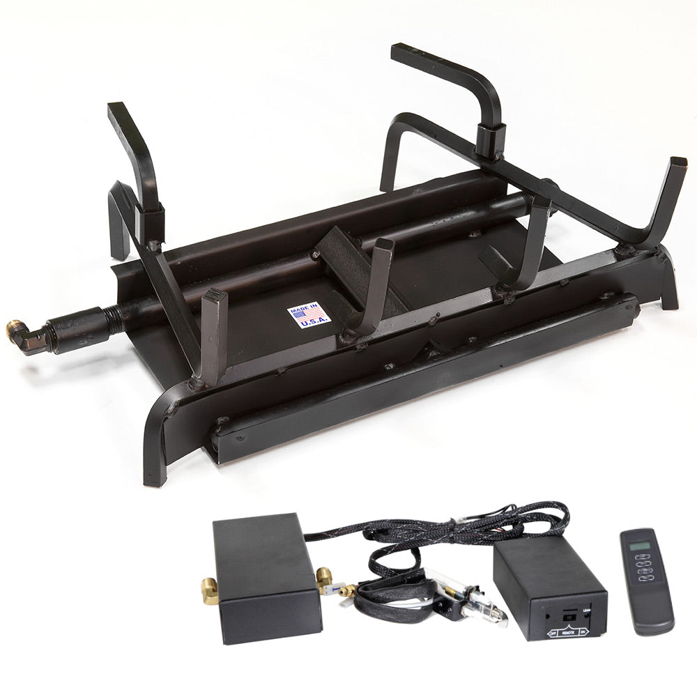 Two-burner gas fireplace system with electronic ignition and remote control, black