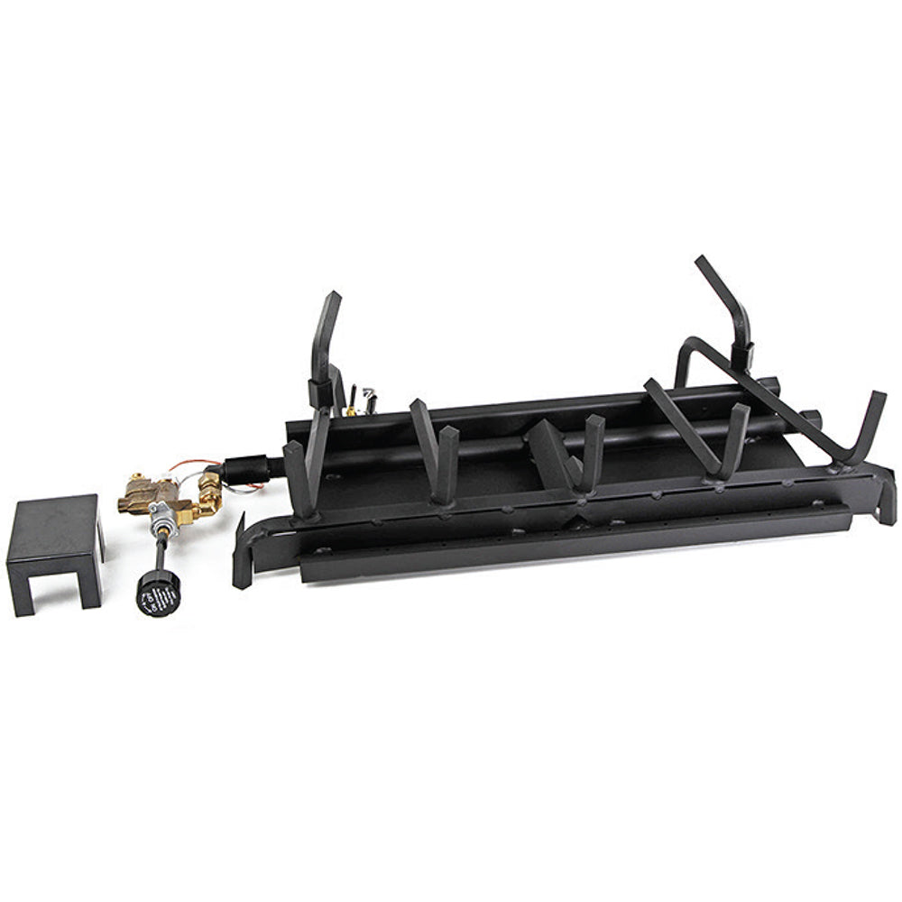 Vented gas log burner base with metal grate and gas valve components