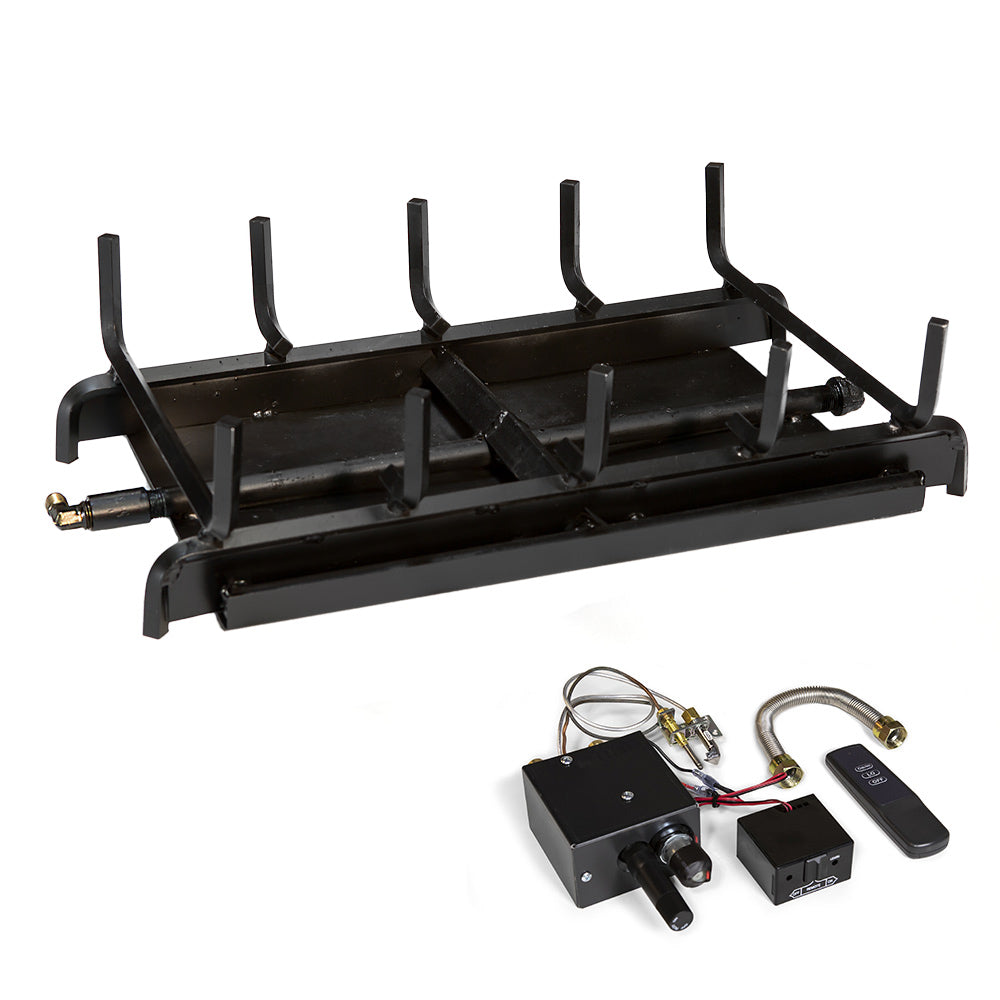 Double burner system with black metal frame, burner grates, control boxes and remote