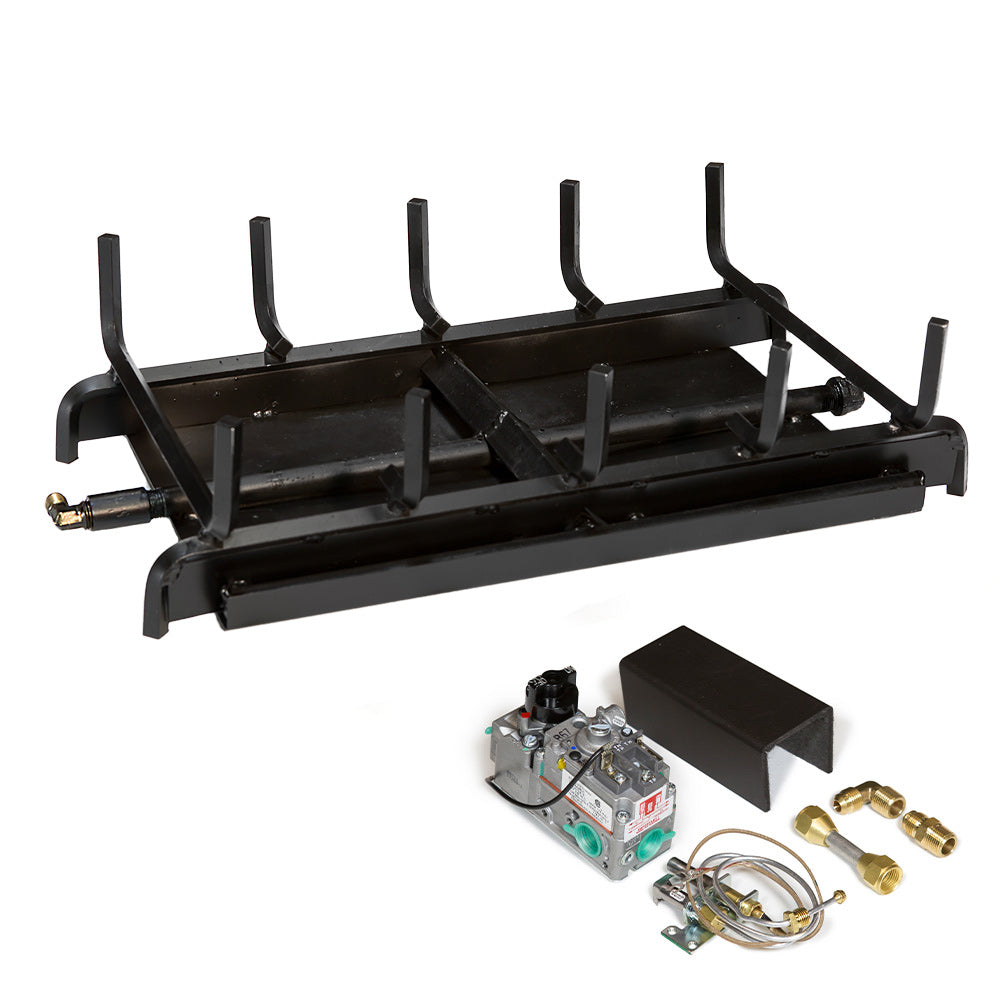 Double-burner grill system with black metal burners, control module, and fittings