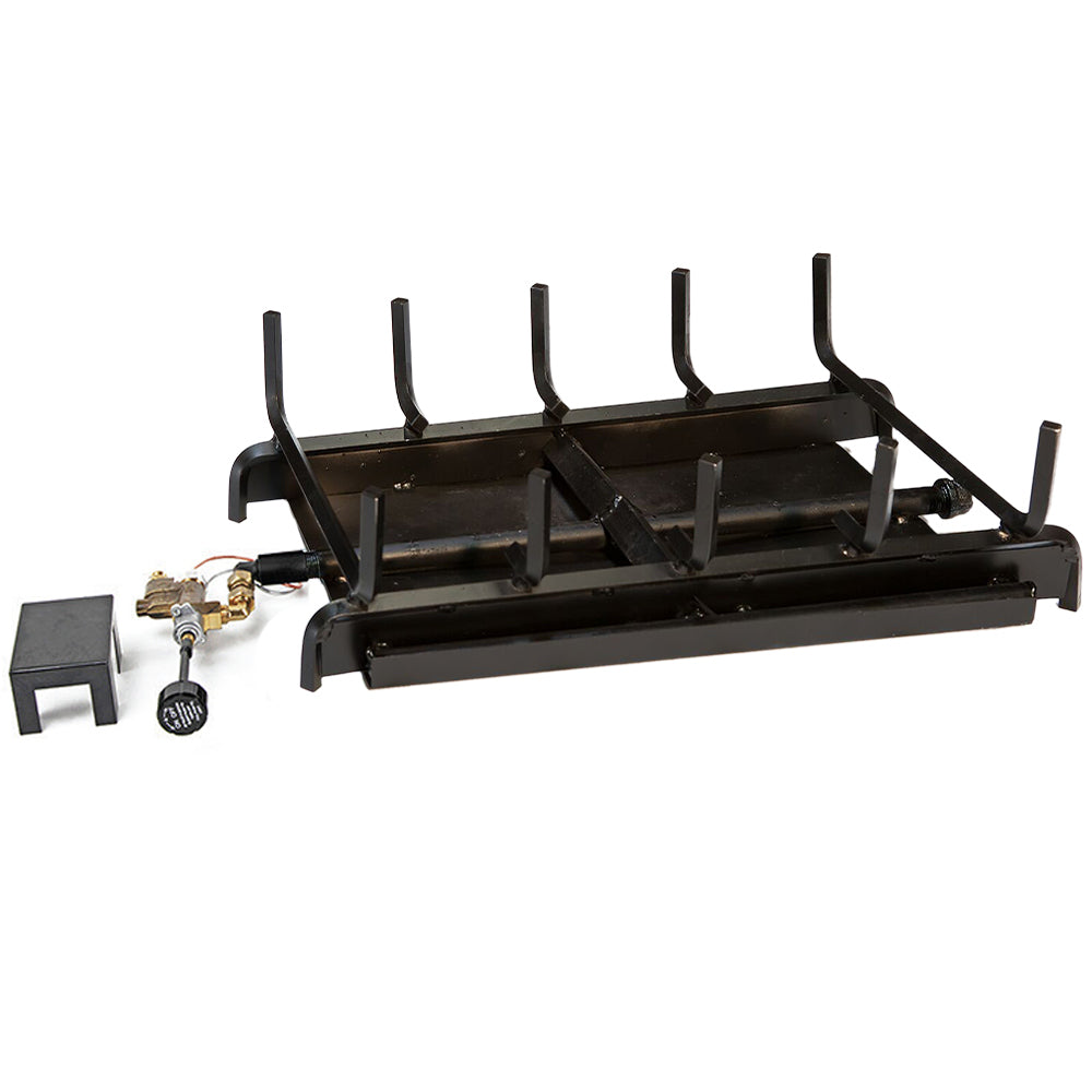 Black vented gas log burner base with upright log supports and valve parts