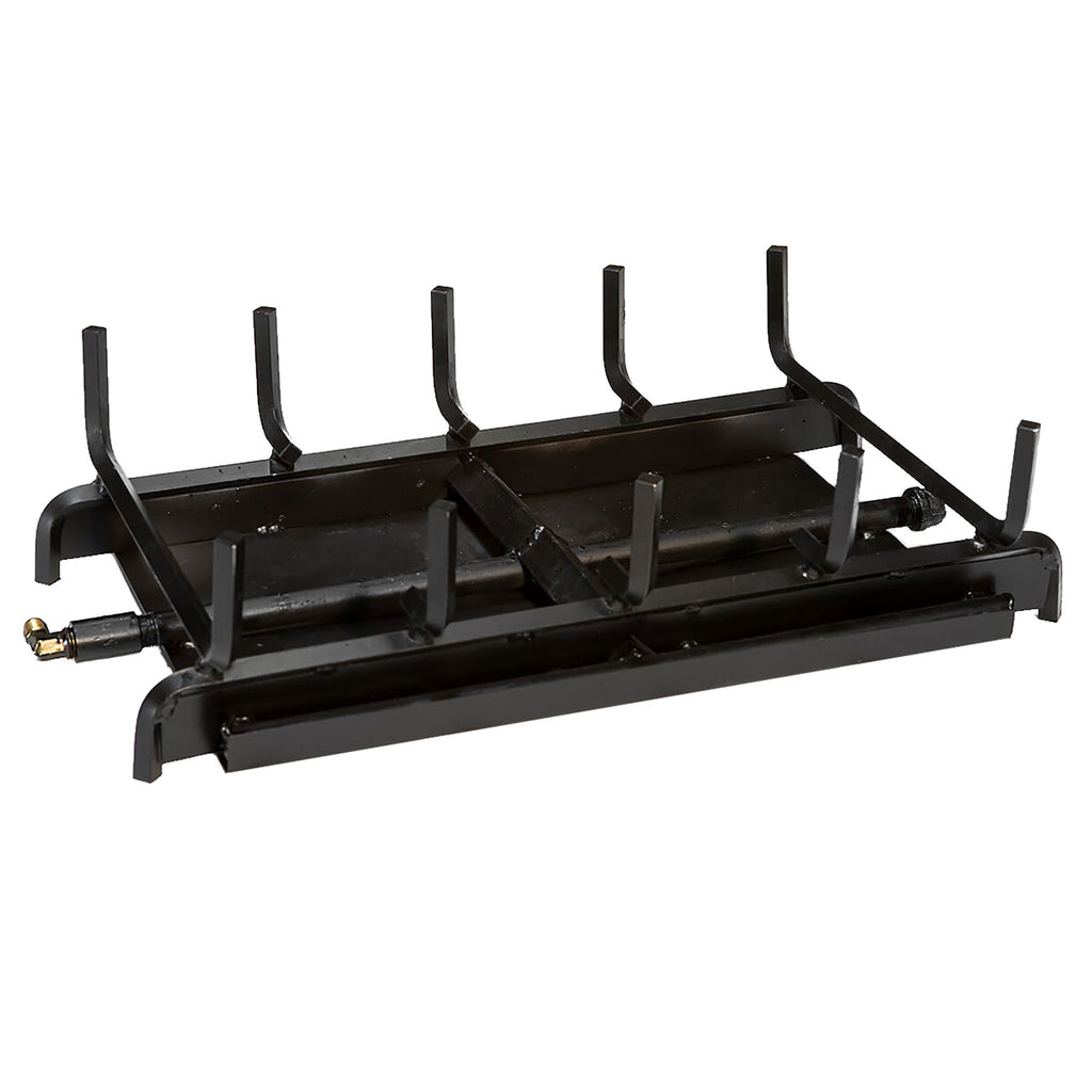 Black vented gas log burner base with multiple raised log supports and brass gas fitting.