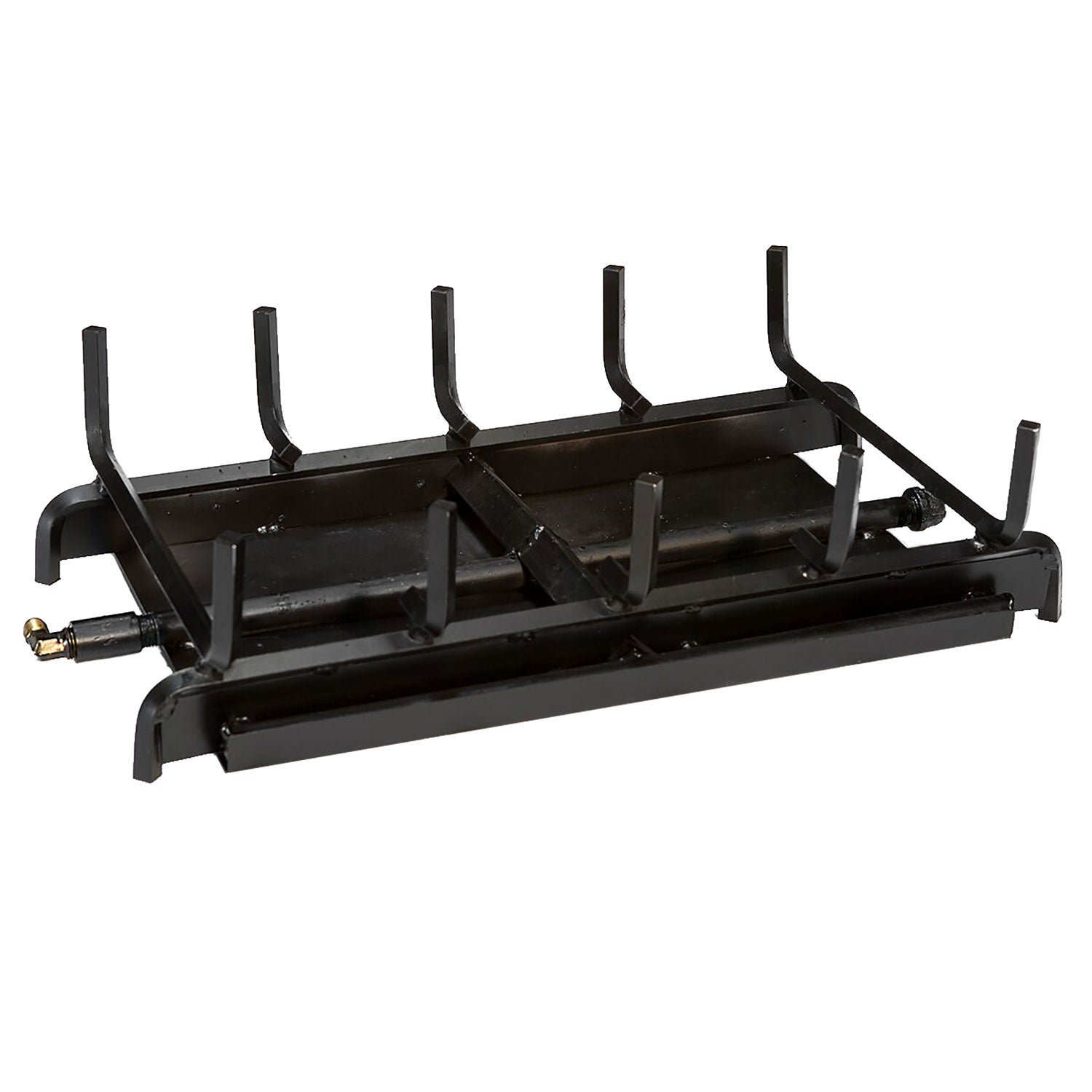 Black vented gas log burner base with multiple raised log supports and brass gas fitting.