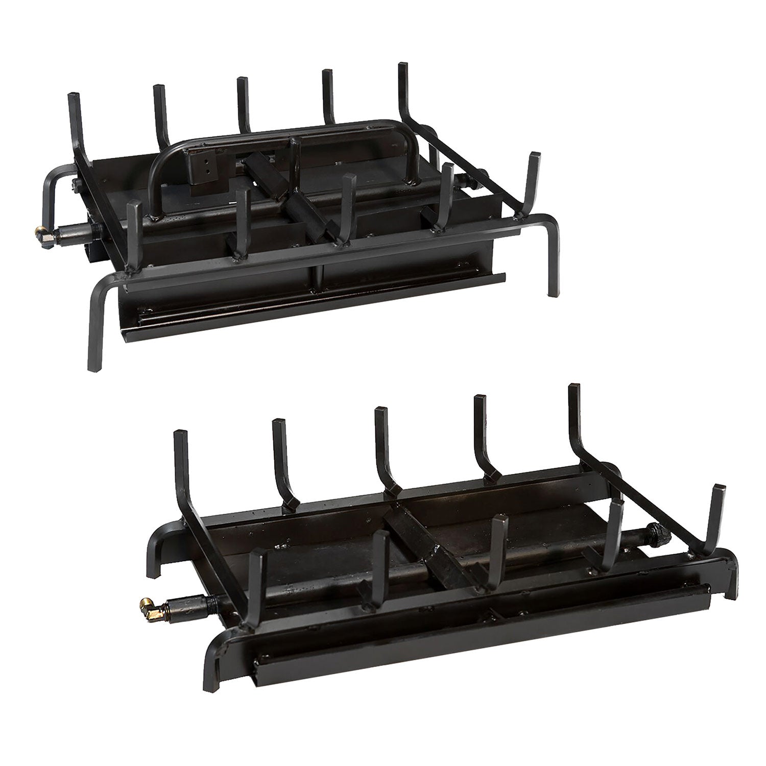 Vented gas log burner grate assembly with black frame and upright log supports