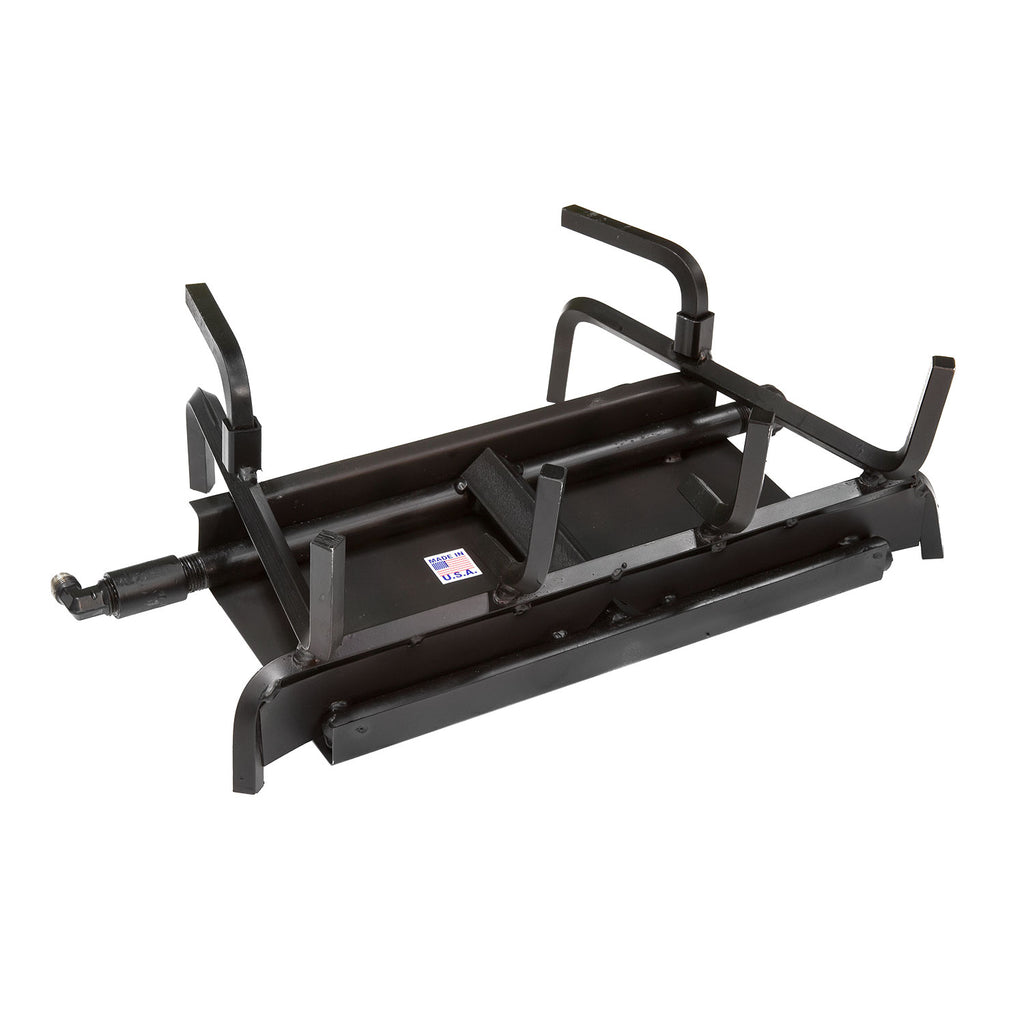 Two-burner gas system with black metal frame and control knobs