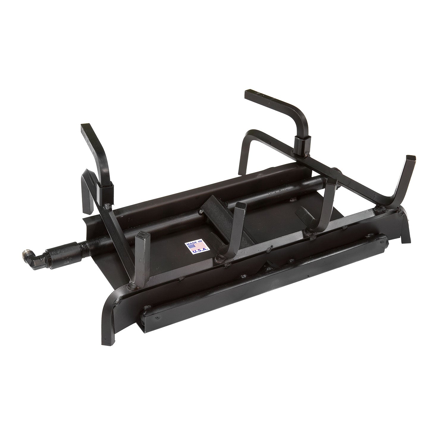 Two-burner gas system with black metal frame and control knobs