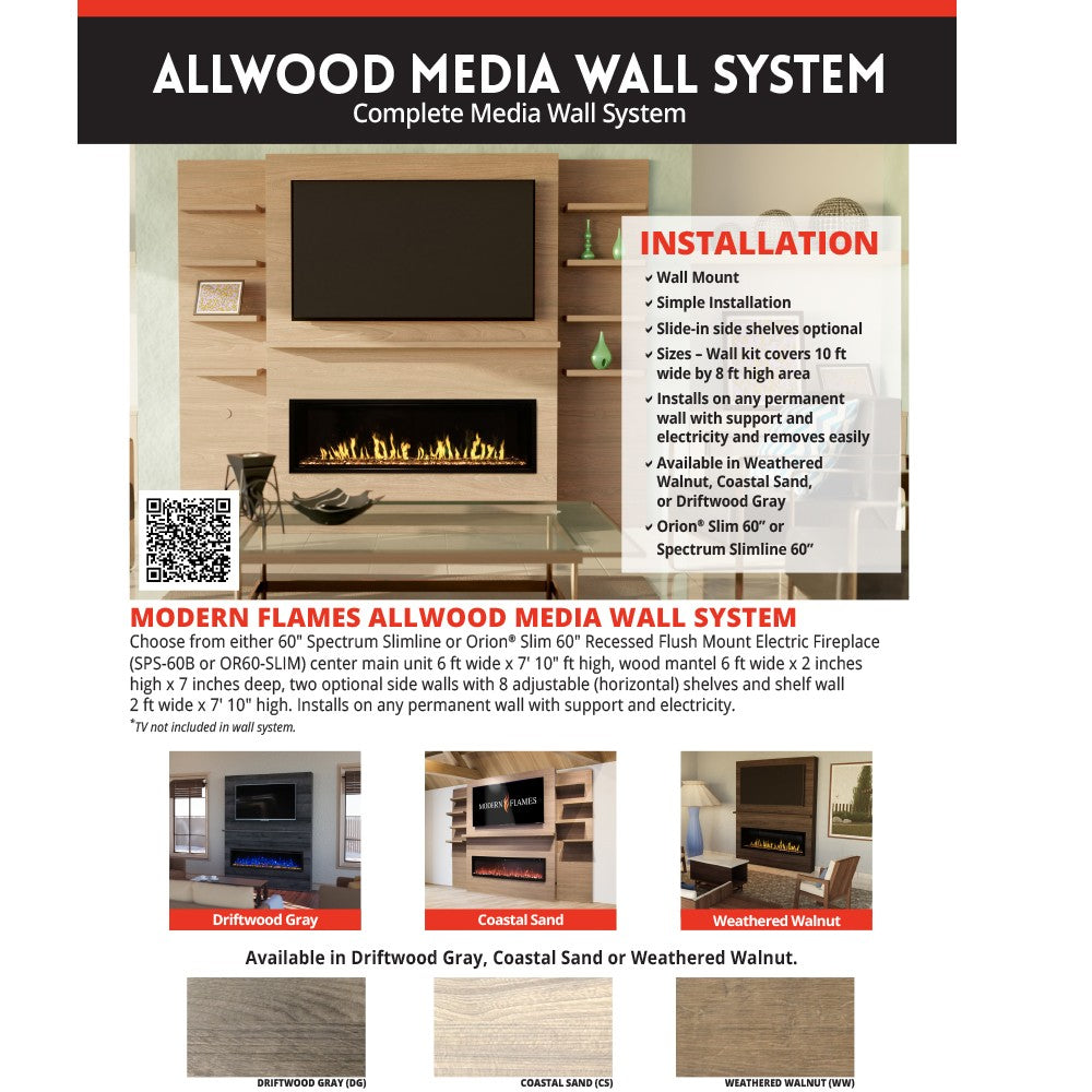 Modern Flames Orion V2 Slim 60-Inch Linear Electric Fireplace with Allwood Wall System