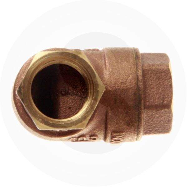 Angled gas shut-off valve with dark bronze housing and brass inlet ring, close-up