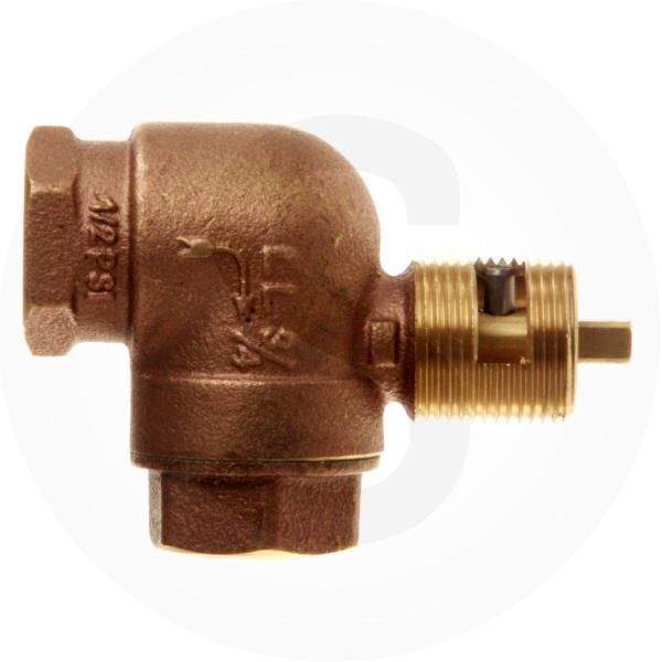 Angled gas shut-off valve with dark bronze body and brass threaded outlet, close-up