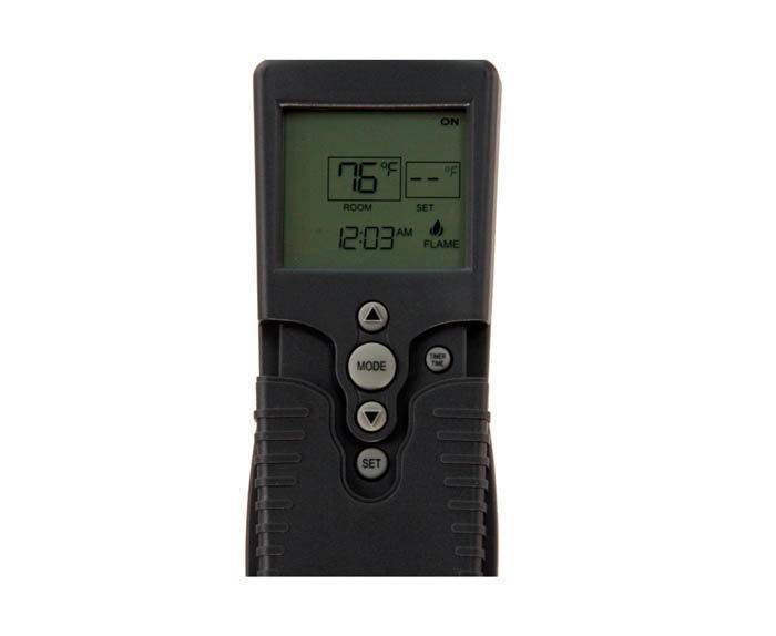 Black fireplace remote with LCD screen showing temperature and time settings
