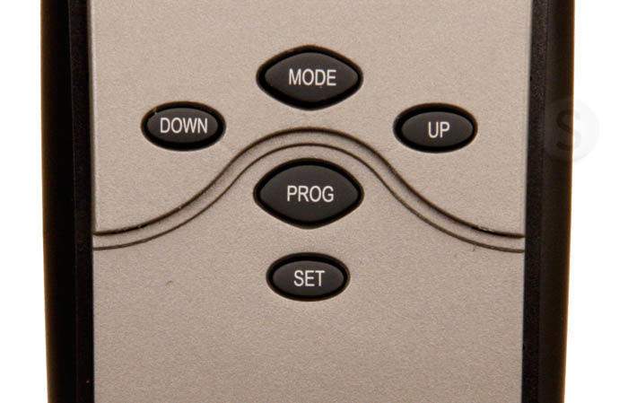 Programmable backlit fireplace remote control with MODE, DOWN, UP, PROG, SET buttons