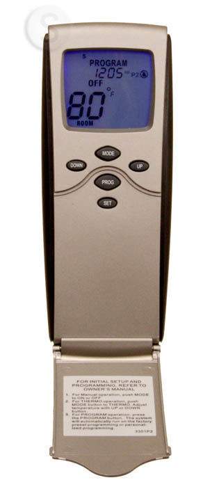 Programmable backlit fireplace remote control with blue LCD temperature readout